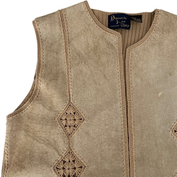 Bonnie Lee Vintage Suede Crochet Boho Western Open Front Knit Sweater Vest (L) - Picture 9 of 13